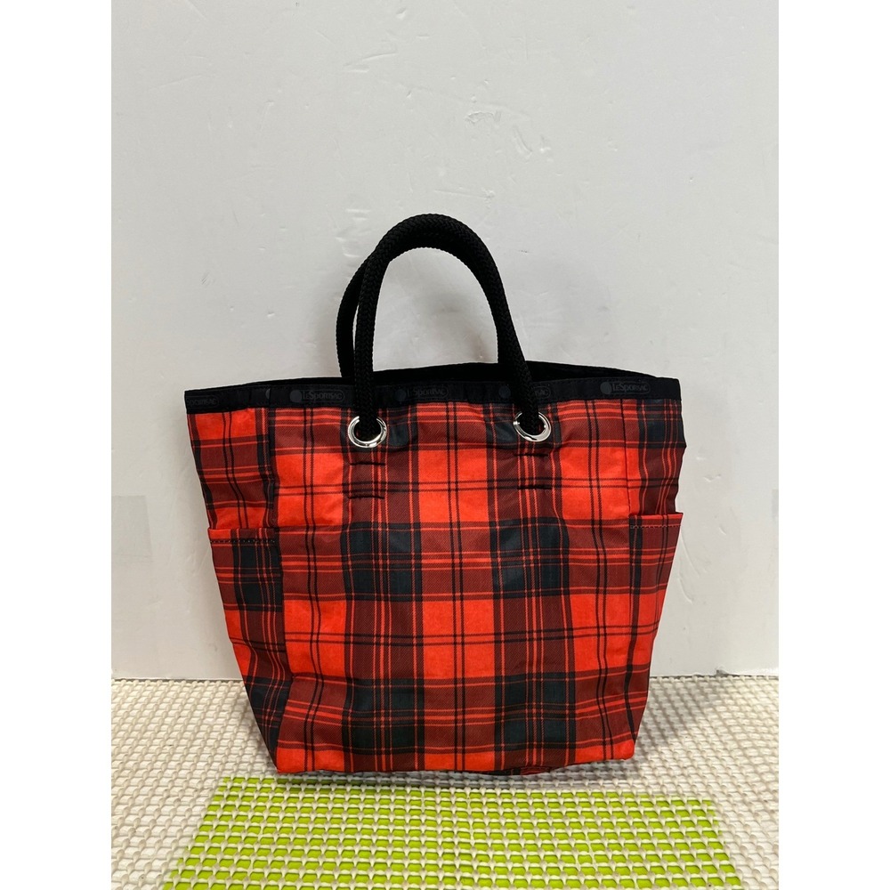 LeSportsac Red Black Plaid Nylon Tote Bag Rope Handle Side Pockets Small EUC